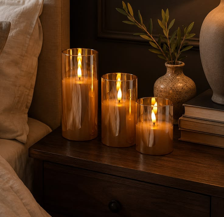 Flickering Flame Glass Pillar Set