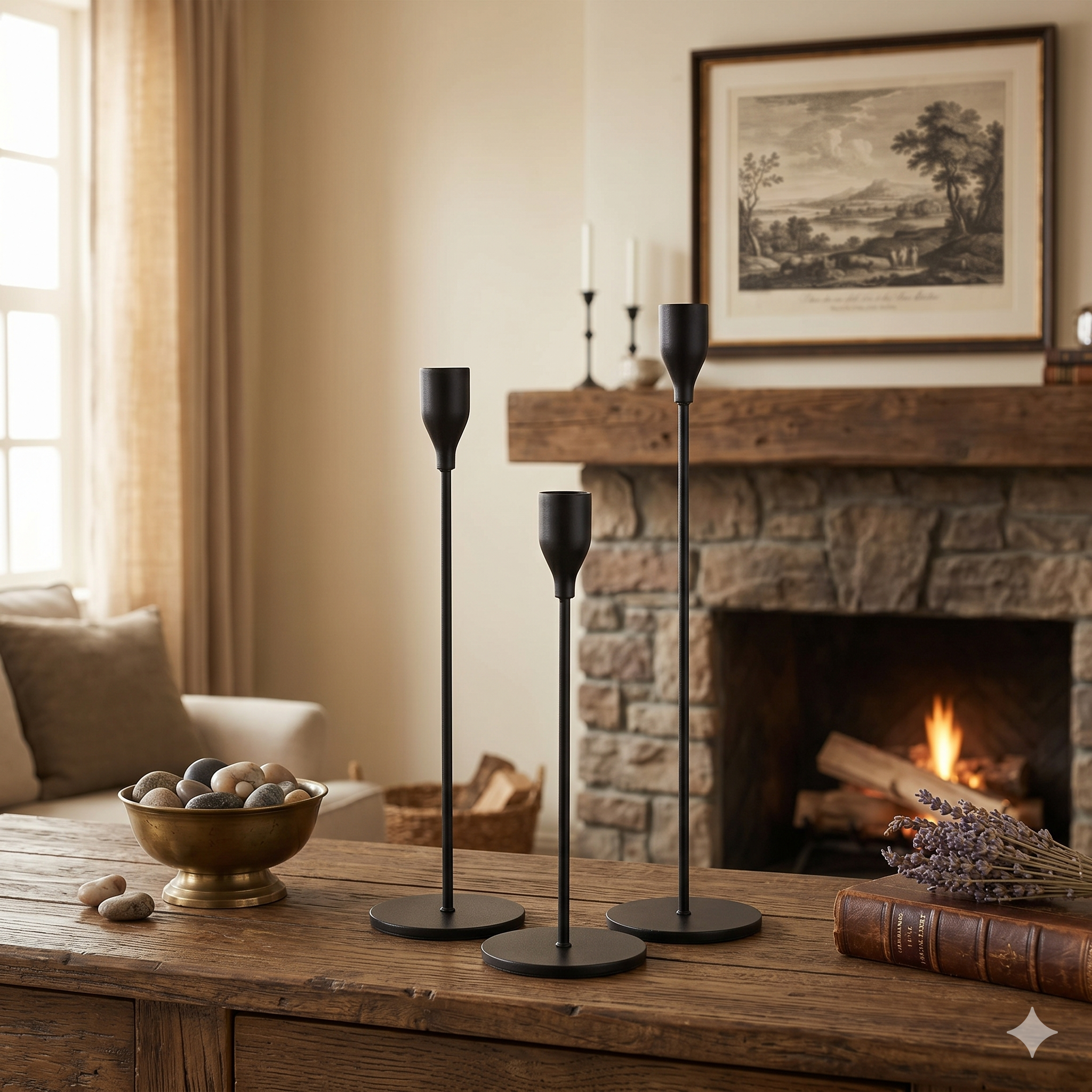 Set of 3 Matte Black Metal CandleStand- Vine Shape