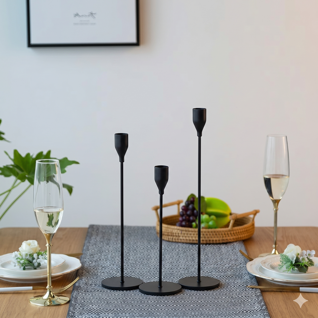 Set of 3 Matte Black Metal CandleStand- Vine Shape