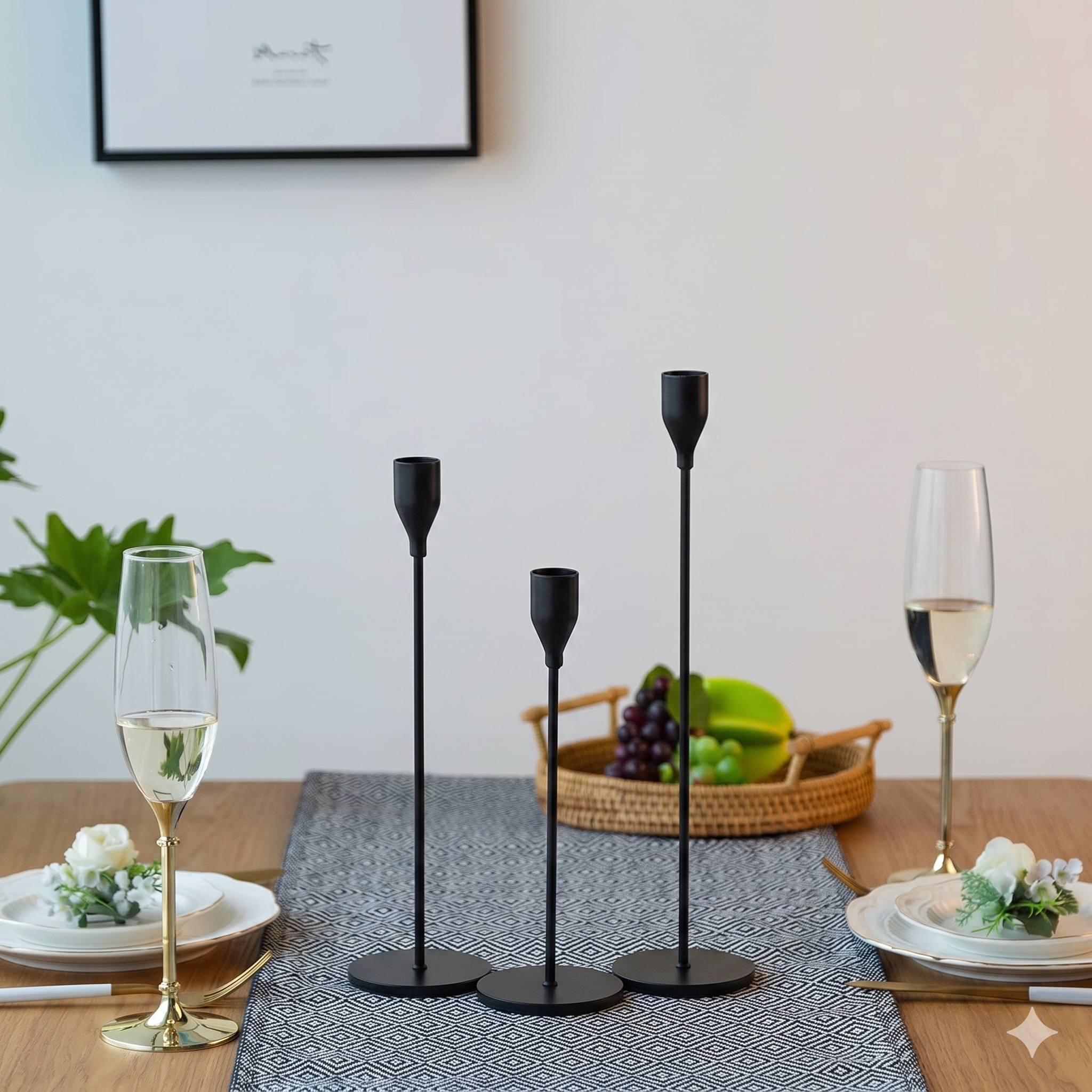 Set of 3 Matte Black Metal CandleStand- Vine Shape