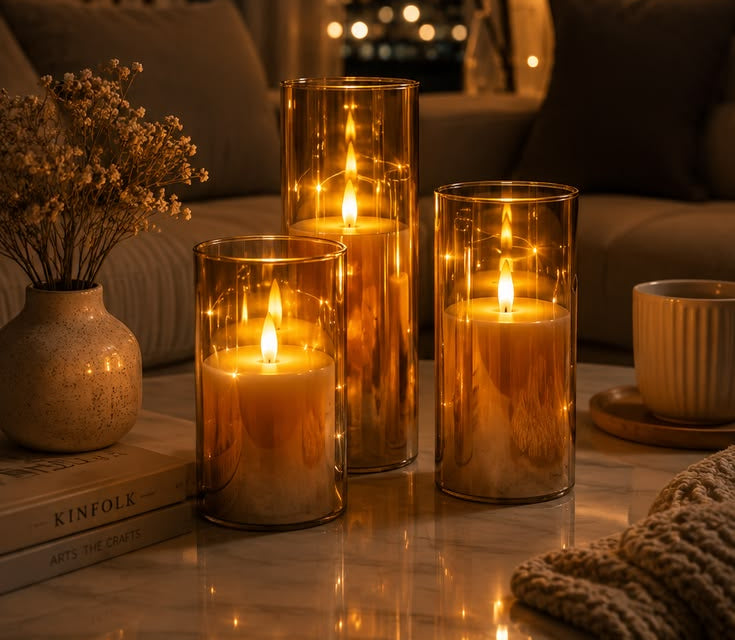 Flickering Flame Glass Pillar Set