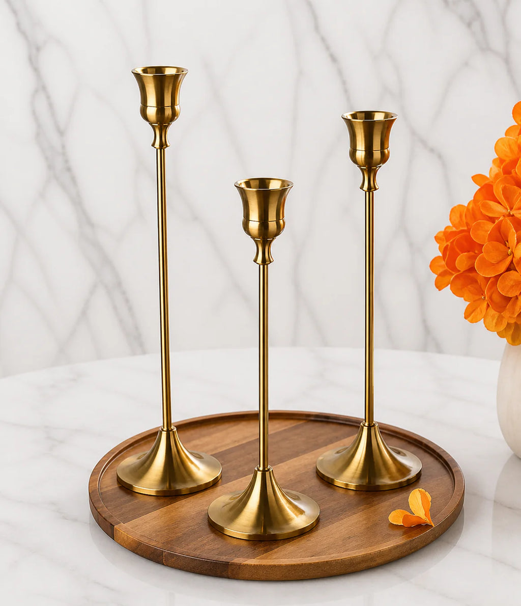 Golden Elysian Candle Stands- Set of 3
