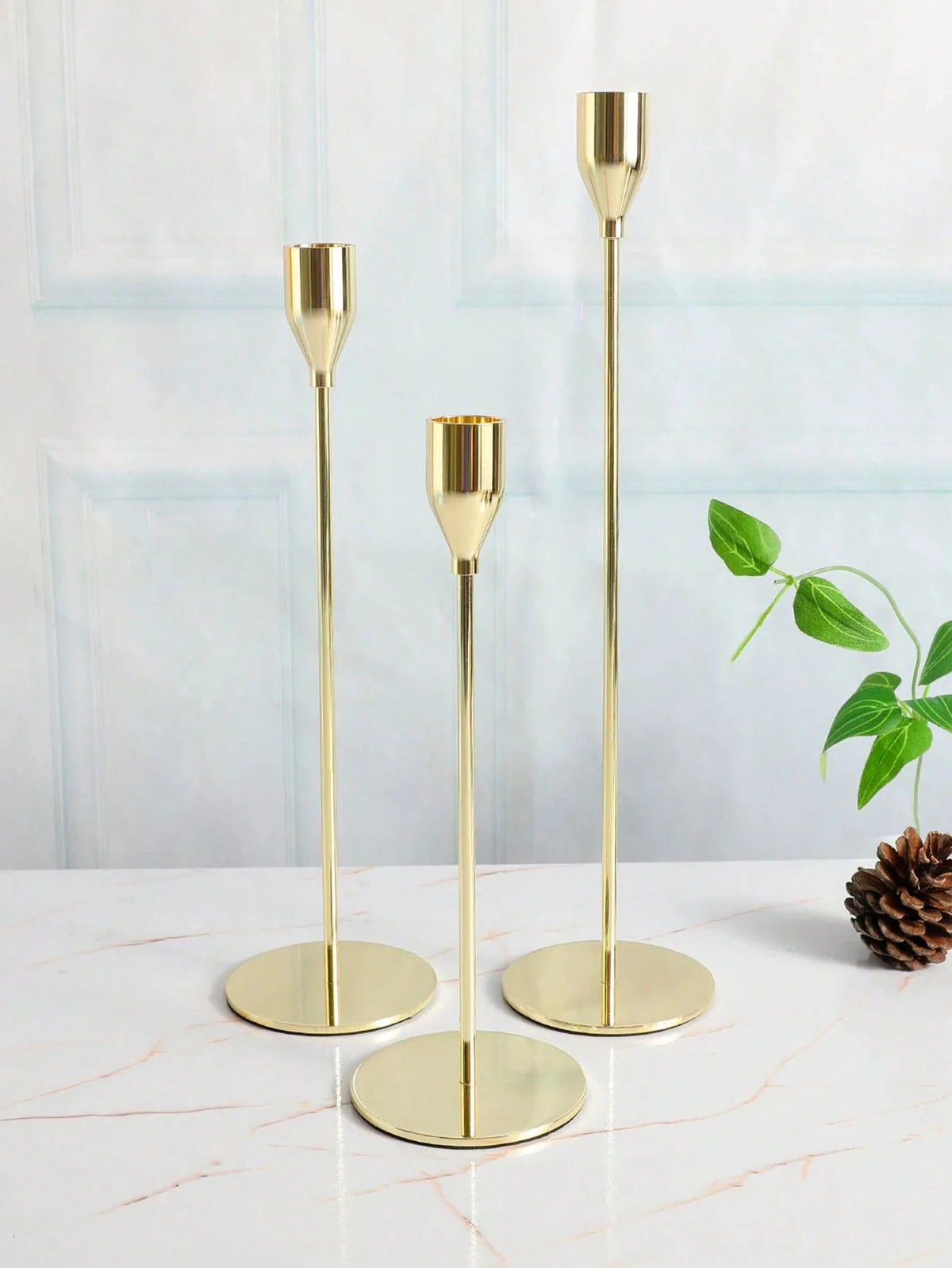 Set of 3 Golden French Metal Candle Holders - Vine Shape